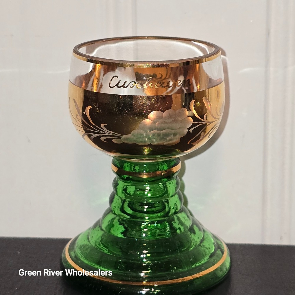 Vintage German Green Glass Appertiff with Gold Grapes and Cussnagen Souvenir‎